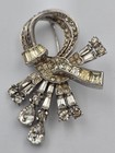 Vintage Rhinestone Bow Brooch Pin Silver Tone Clear Champagne Baguette Round