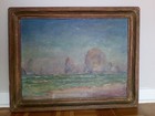Antique Haystack Rock Oregon Oil Painting Primitive Antique Seascape 