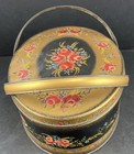 Vintage Oval Tin 2-handled Basket Sewing Box Black With Pink Roses Gold Trim
