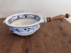 Large Antique Blue Onion Strainer Wooden Handle Original 7 