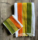 New Vintage Fieldcrest Mid Century 1970 Orange Olive Stripe Hand Towel Facecloth