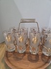  Libby Gold Leaf Frosted Glasses Set Of 8 With Metal Brass Carrier vintage