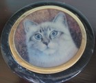 Vtg Trinket Box   Lid White Cat Black Marble Round Mcm Art Dish Kitty