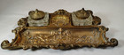 Antique Brass Double Inkwell  Victorian Pen Stand Glass Inkwells W brass Lids