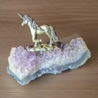 Vintage Pewter Unicorn Figurine Mounted On A Natural Amethyst  4  Long