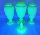 Custard Opaline Uranium Glass Hand Painted Lidded Urn Vases Butterfly   Floral