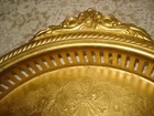 Vtg Solid Brass Round Tray With Ornate Handles  Etching And Pierced Sides