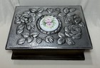 Vtg Trinket Jewelry Box Metal Lid Ceramic Floral Inlay Wood Dividers   Base