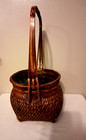 Vintage Japanese Ikebana Woven Bamboo Flower Basket W tall Handle Beautiful Euc