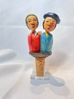 Vtg Kissing Couple Cork Carved Wood Mechanical Wine Liquor Bottle Stopper