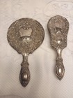 Vintage Silver Plate Heavy Ornate Floral Vanity Hand Mirror  Brush Approx  9   x5   