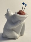 Vintage Small Porcelain Scottie Dog hold Horn Pin Cushion - Japan