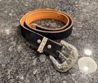 Western Belt Black Suede Tan Leather Engraved Silver Buckle Keeper Tip Set 31-35