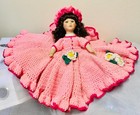 Vintage 1970 s Bed Pillow Doll With Handmade Crochet Bright Pink Dress 24  Wide