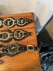 Vintage   Antique Horse Brass Medallions On Leather  Straps Lot Of 17 Great 