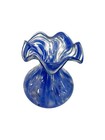 Vintage Hand Blown Art Glass Blue   Clear Splatter Vase Ruffled Flared Rim 7 