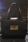 Authentic Gucci Vintage Black Leather Tote  With Gold G Frame Logo