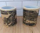 Porcelain Brush Pot Qingming Festival Cityscape Set Of 2 Jingdezhen China