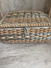 Vintage Wicker Sewing Basket Beautiful Blue  And Beige Color Built In Pincushion