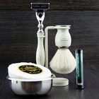 Men Shaving Set With White Badger Hair Brush  3 Edge Razor  Stand    Soap Bowl