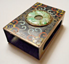 Old Chinese Cloisonne Brass Match Box Cover Holder W Carved Jade Pi On Top
