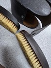 Antique Set Of 2 Ebony Clothing Grooming Brushes And Original Leather Case