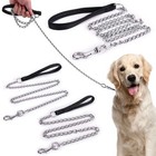 50  Heavy Duty Chrome Chain Dog Pet Leash W  Black Leather Strap Strong Holding