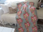 Amazing True Nubby Barkcloth Romantic Fabric Pink Roses On Jadeite Blue green