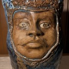 Vintage Studio Pottery Sculpted Face Vase Large 15    Blue Brown Drip Glaze Signed