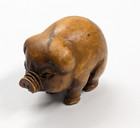Hand Carved Japanese Boxwood Chubby Pig Netsuke Figurine Japan 2  X 1 25 