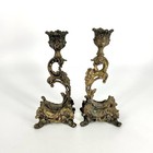 Pair Antique French Brass Candle Holders Ornate Rococo Revival Set Of 2