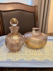 Vintage Art Deco Gold Striped Vanity Set Glass Perfume Bottle Powder Trinket Jar