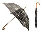 Classic Auto Open Umbrella With Real Wooden Hook Handle  Black Plaid  46 