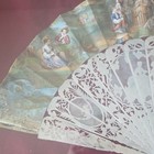 Victorian Mother Of Pearl Hand Fan Painted Scene Intricate Cutwork White