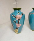 Cloisonn   Vase Matched Set Vintage Floral Antique Blue Cherry Blossom Floral Set