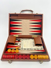 Vintage Backgammon Set Burl Walnut Board 30 Red butt Bakelite Checkers Cup Dice 