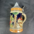 Original Vintage Signed German Ceramic Hand Painted Glazed Pewter Lid Beer Stein