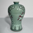 Vintage Celadon Korean Sanggam Inlaid Maebyeong Vase   Crackle Glaze   Signed