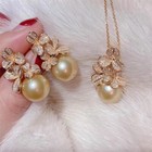 Gorgeous Aaaa 10-11mm South Sea Golden Stud Pearl Pendant Earring Set 925s 