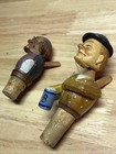 2 Vintage Hand Carved Wooden Mechanical Men W motion Wine Bottle Stopper Corks