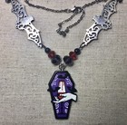 Coffin Necklace- Gothic  Halloween  Hand Holding Glass   Bats  22     Silver Tone