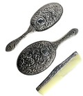 Silver  900 Vanity Set Mirror Brush Comb 4 Piece W velvet Glass Box Hallmark New