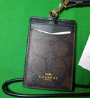 New Coach Women s Signature Lanyard Id Credit Card Holder Brown Black Nwt