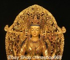 13 2  Old Tibet Copper Gold Gems 4 Arms Chenrezig Buddha Flower Statue