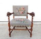 Antique Barley Twist Needle Point Carved Lions Hall Throne Chair Side Accent Art
