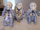 Unique Vintage 3 Ceramic Monkey - See No Evil Speak Hear Blue White Appx 7  