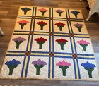 Vintage Tulip Quilt Hand Quilted Colorful Flowers White Amish Quilt 77x80