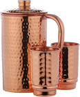 Copper Pitcher With 2 Copper Cups Set Hammered Water Jug Tumblers Hydration