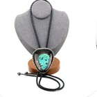 Vintage Southwest Large Turquoise Sterling Silver Black Leather Bolo Tie