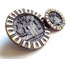 2 Antique Picture Buttons   Pewter Fence W  Ivy   Brass Rim W  Purple Lacquer